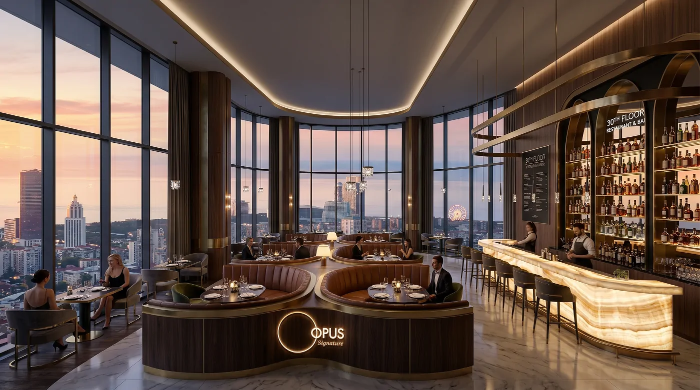 OPUS Signature sky bar and lounge with circular banquettes at dusk